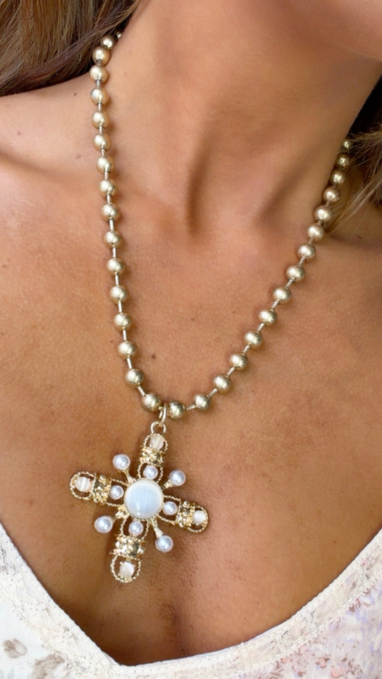 Golden Pearl Cross Necklace