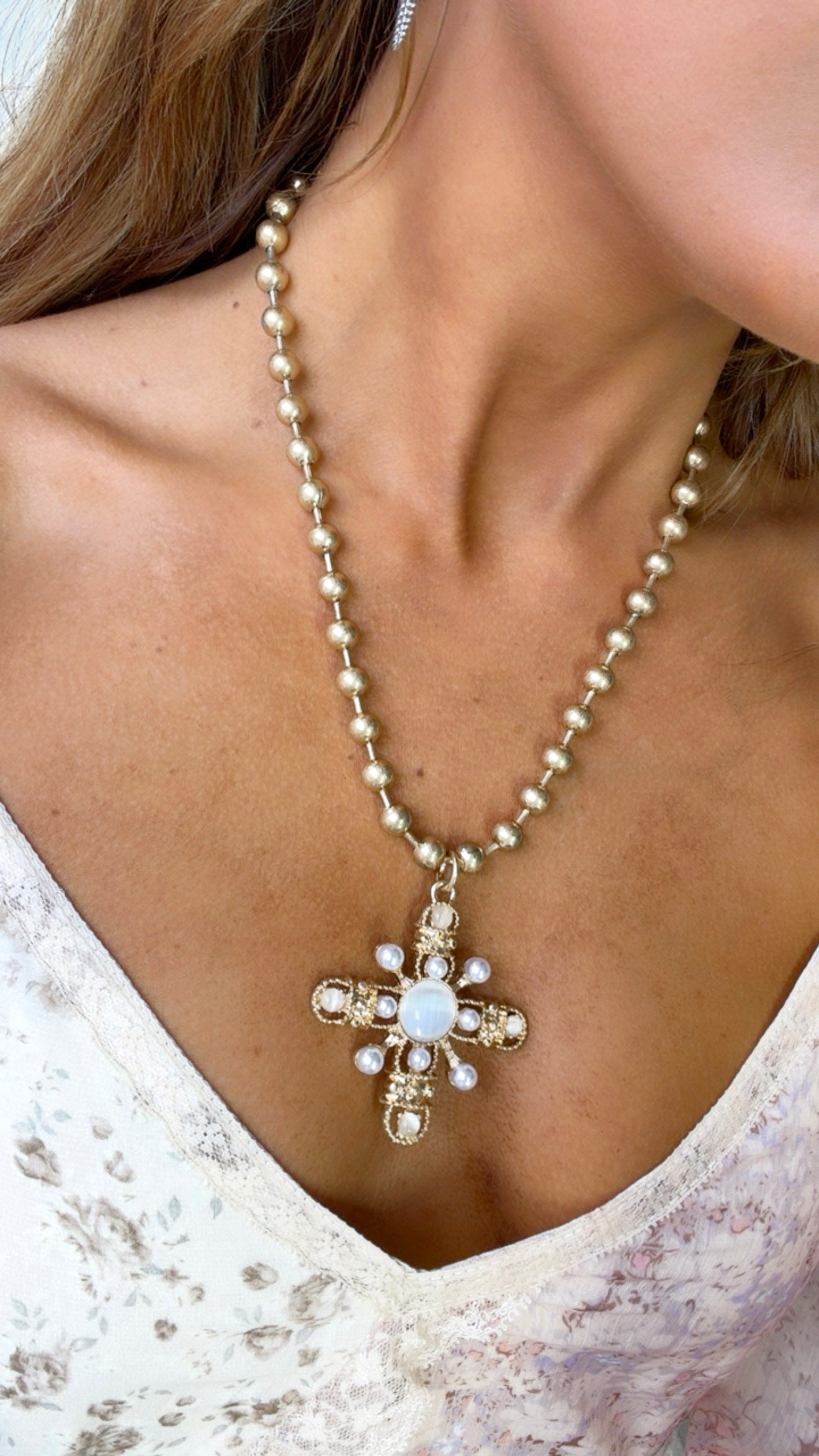 Golden Pearl Cross Necklace