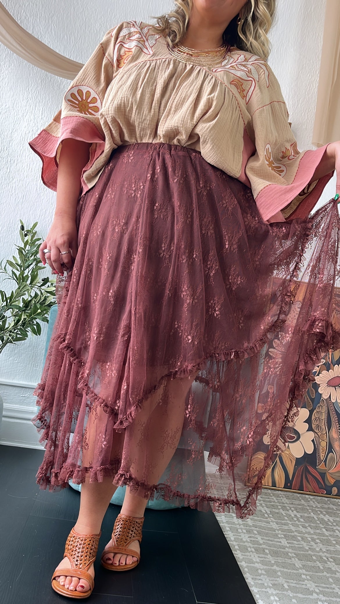 Delicate Dreams Embellished Lace Skirt, Chestnut