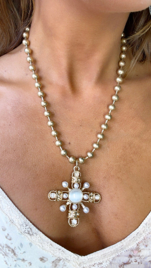 Golden Pearl Cross Necklace