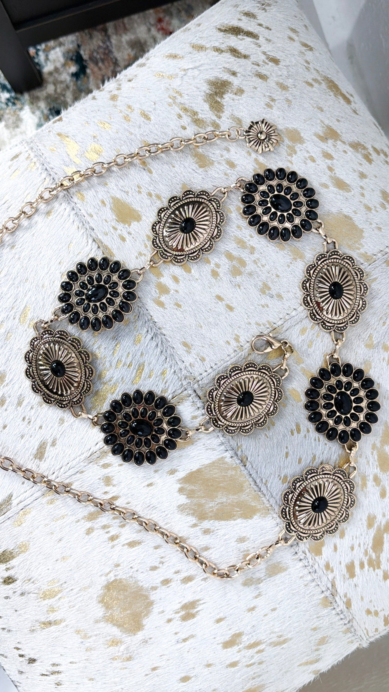 Boho Floral Concho Chain Belt, Black