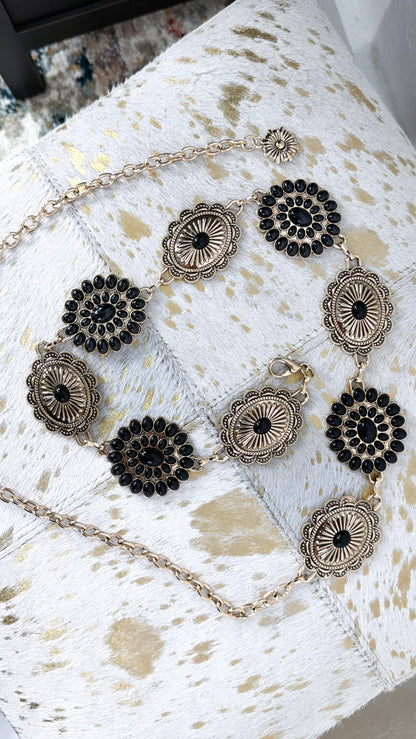 Boho Floral Concho Chain Belt, Black