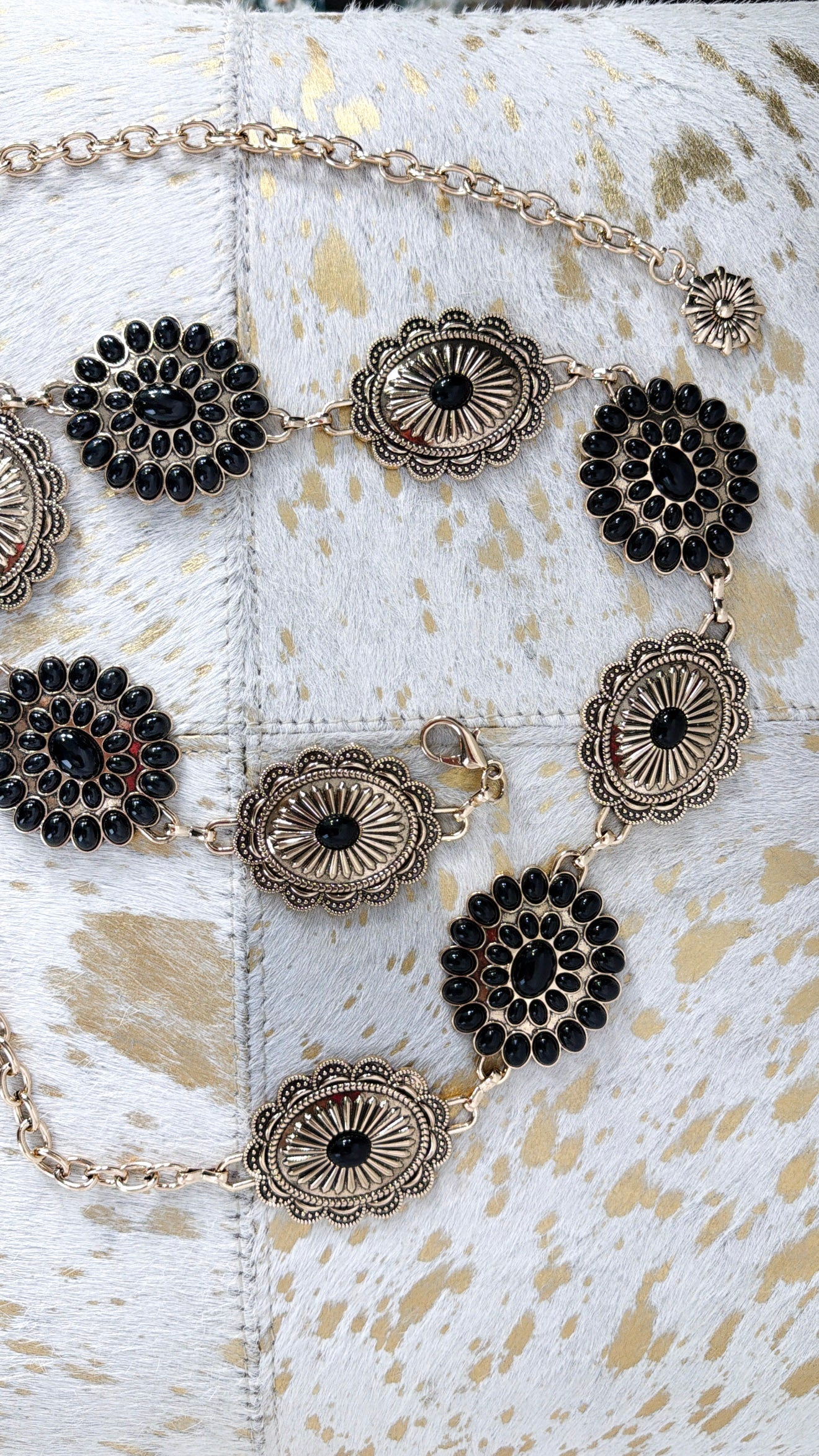 Boho Floral Concho Chain Belt, Black