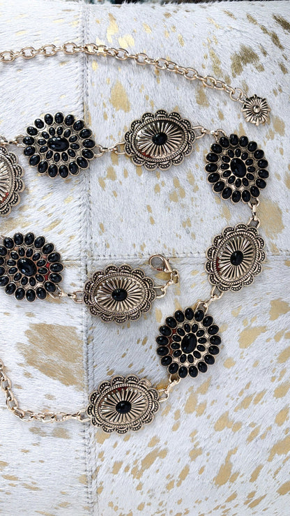 Boho Floral Concho Chain Belt, Black