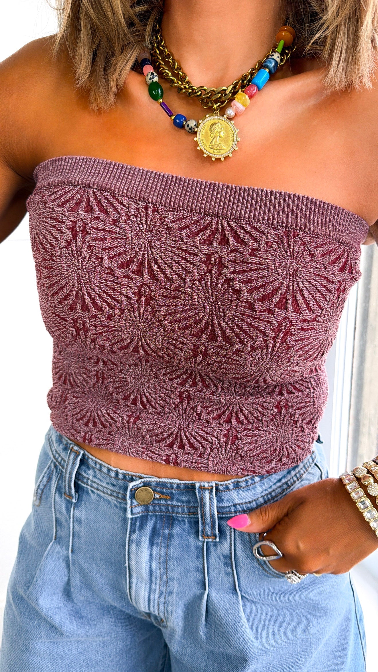 BY TOGETHER: All Bliss Floral Detail Strapless Tube Top, Wine