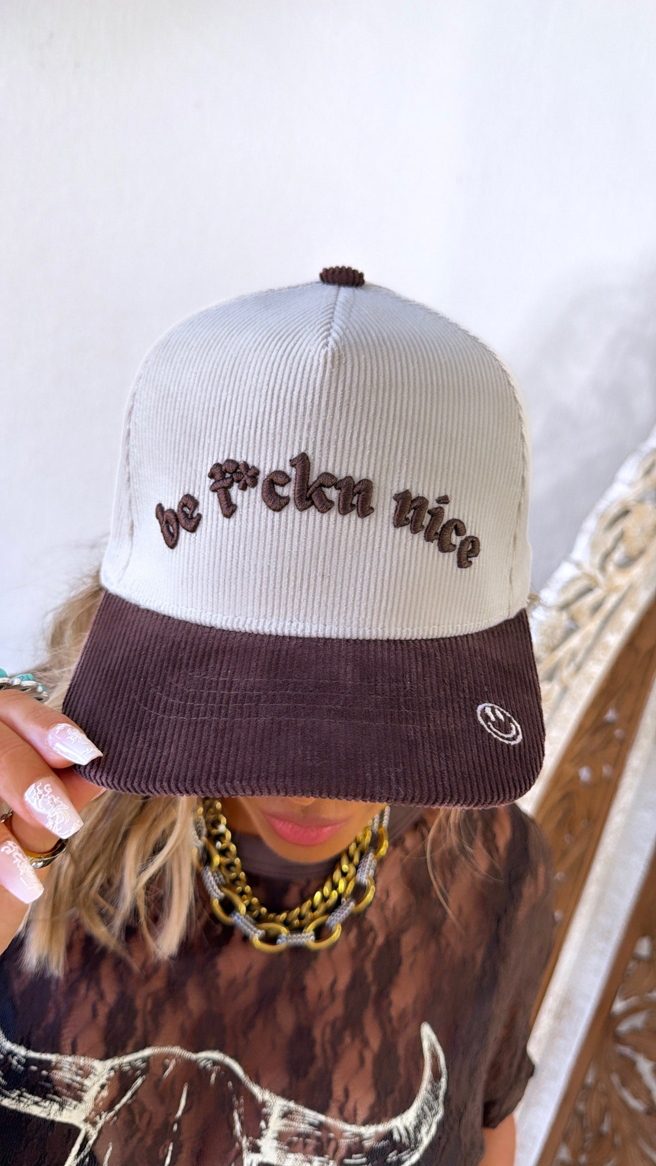 Be F***n Nice Trucker Hat, Brown Corduroy/Natural Corduroy