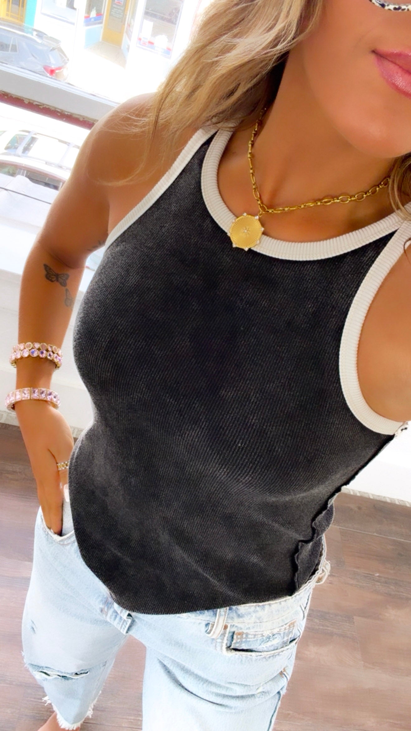 Layer It Washed Ribbed Tank Top, Black/White