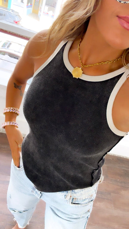 Layer It Washed Ribbed Tank Top, Black/White