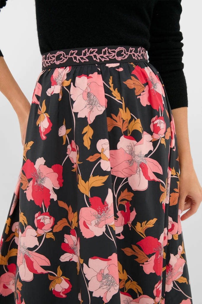 Black & Shades of Pink Floral Embroidered Sia Maxi Skirt
