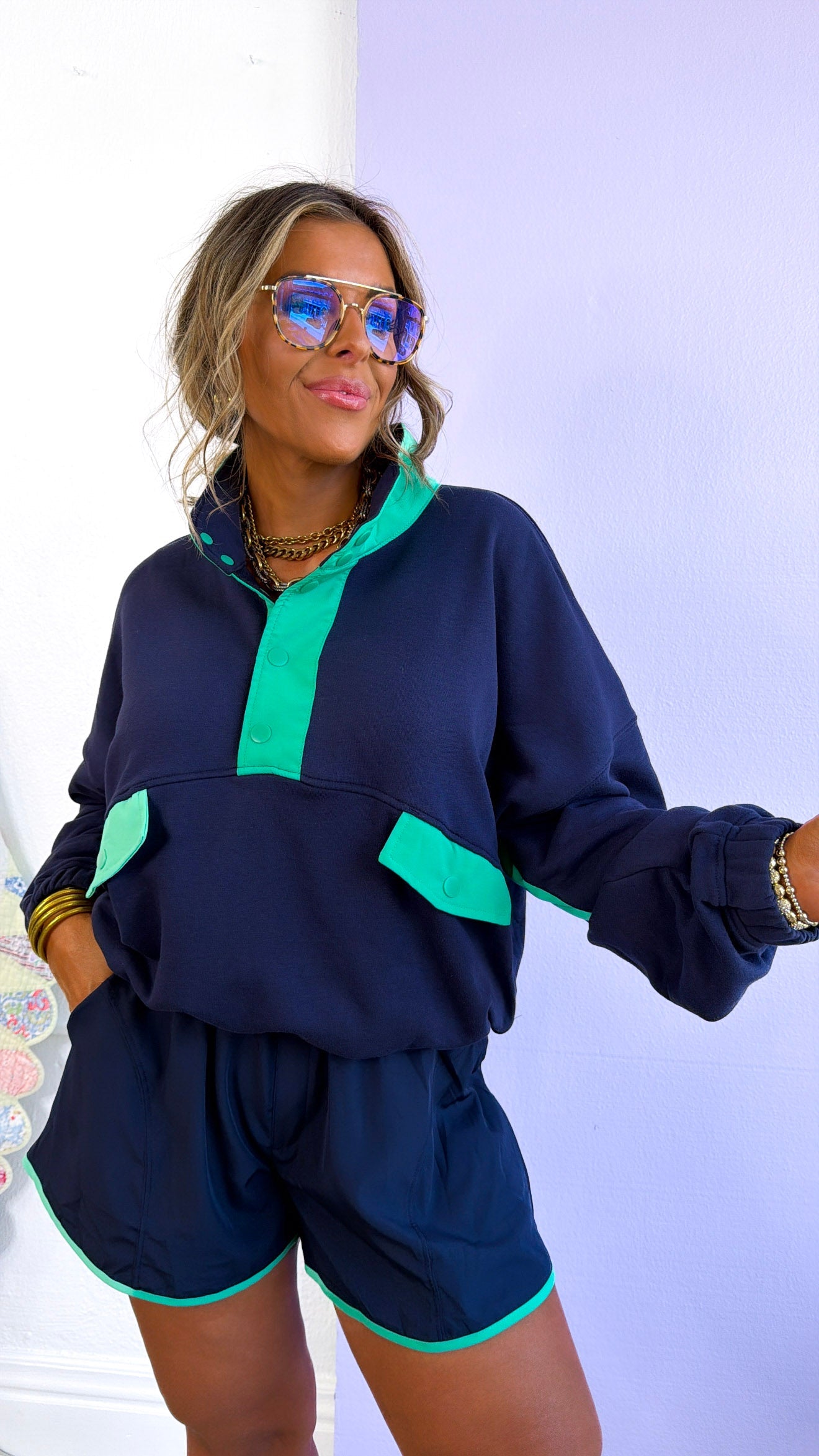 Relax Girl Short & Top Set, Navy/Mint