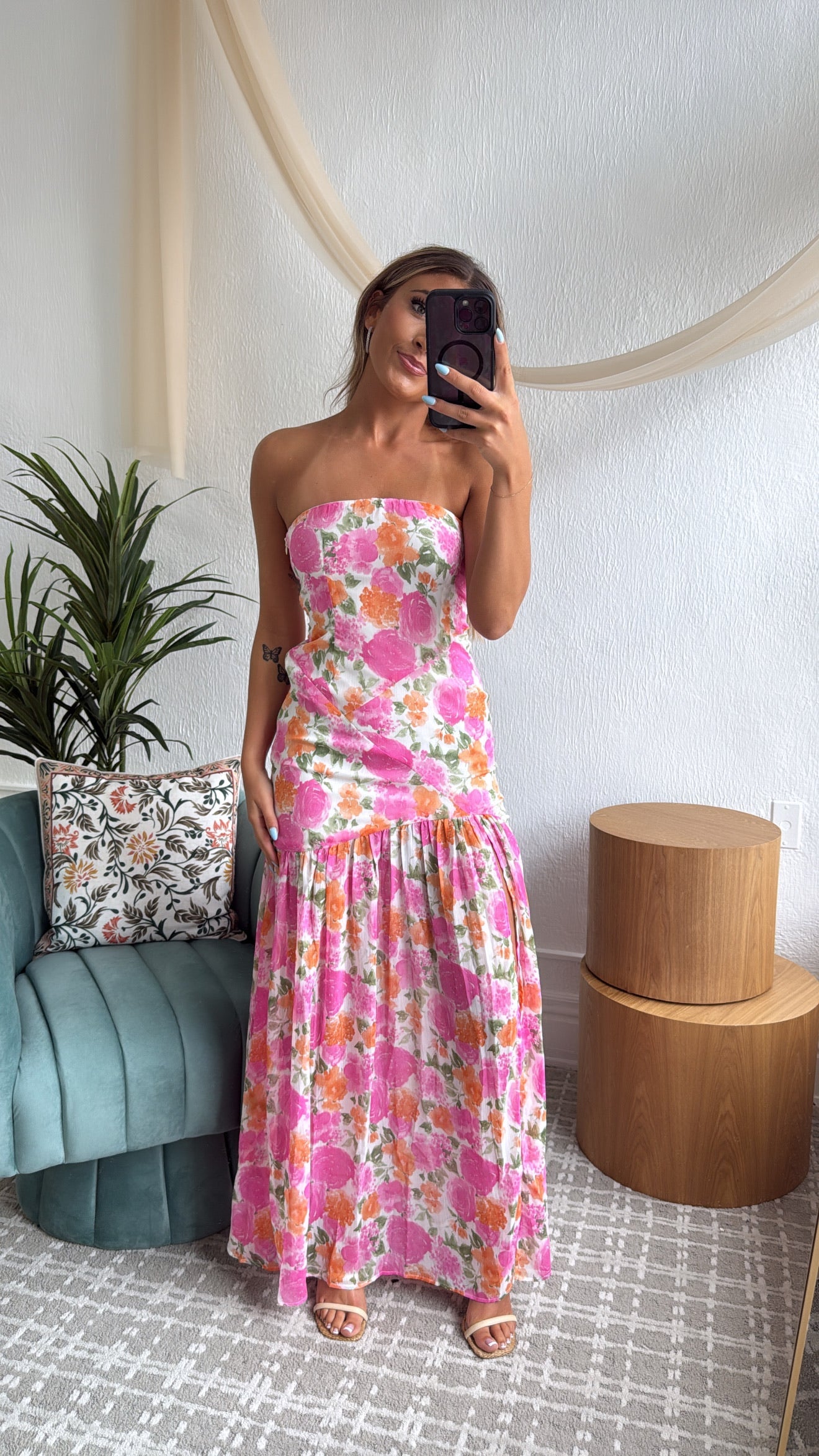 Maelis Midi Dress, Off- White & Pink