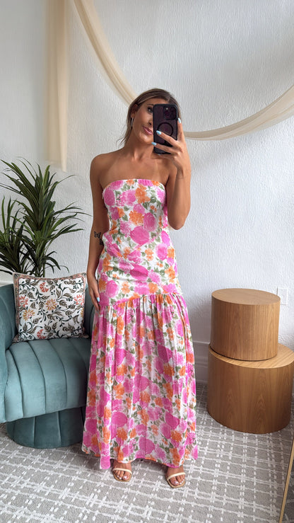 Maelis Midi Dress, Off- White & Pink
