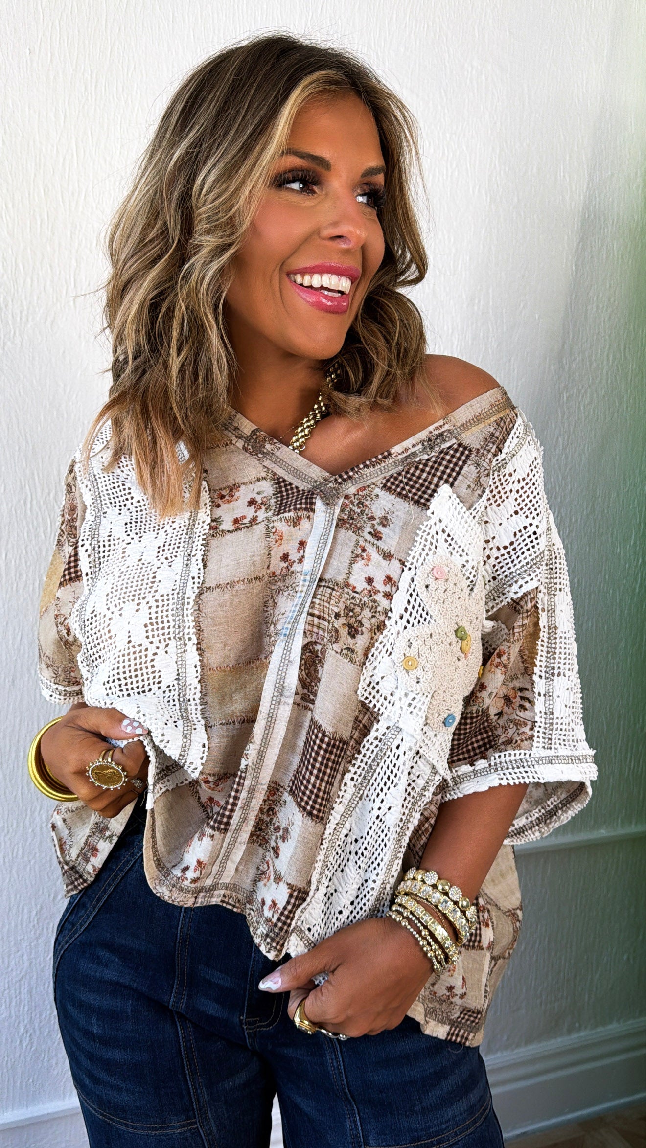 Annibelle Paisley Pocket Tee, Ivory/Beige Multi