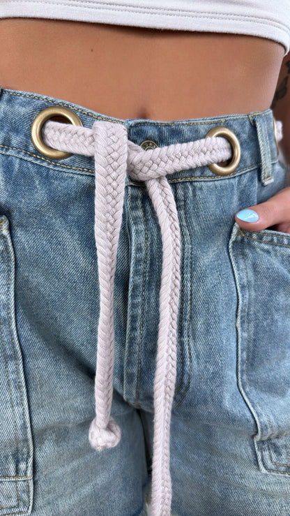 New Point Of View Braided Belt Shorts, Denim