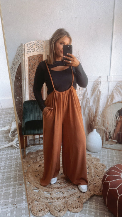 Head Over Heels Suspender Jumpsuit, Camel