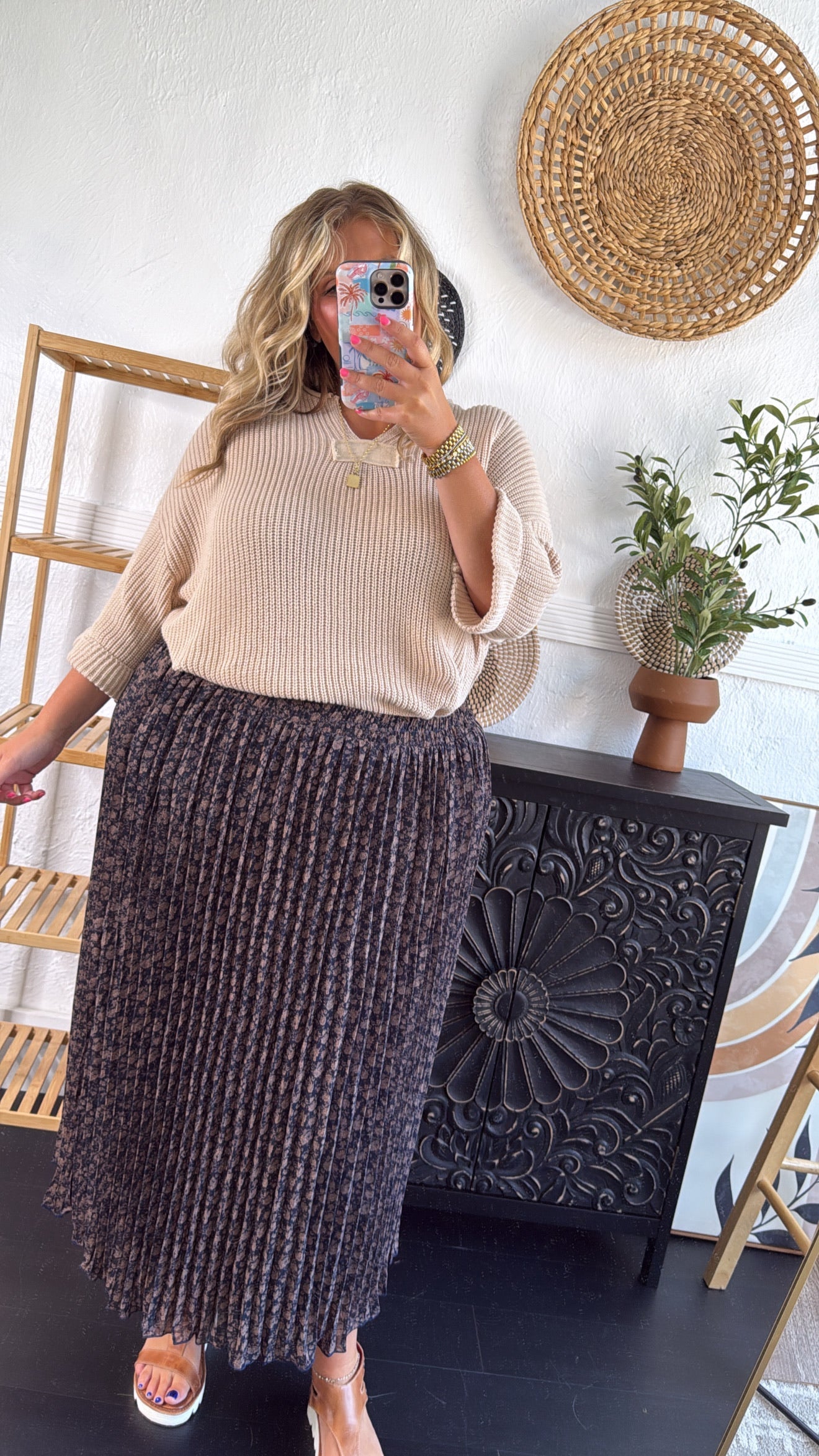 Garden Dream Floral Printed Pleated Midi Skirt