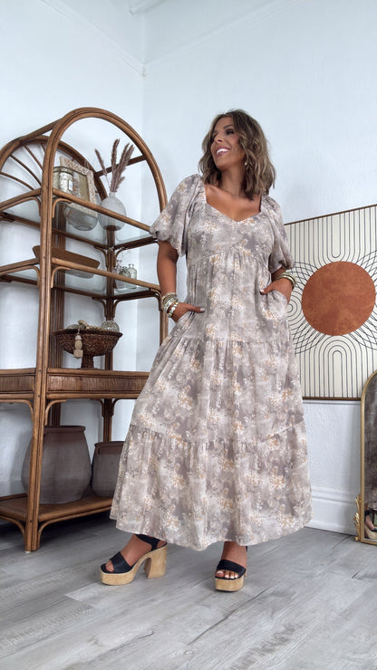 Granite Hues Whimsical Bubble Sleeve Maxi Dress, Taupe