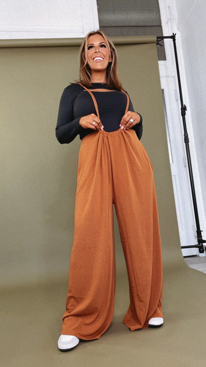 Head Over Heels Suspender Jumpsuit, Camel