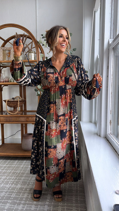 Amber Patch Midi Dress, Navy Multi