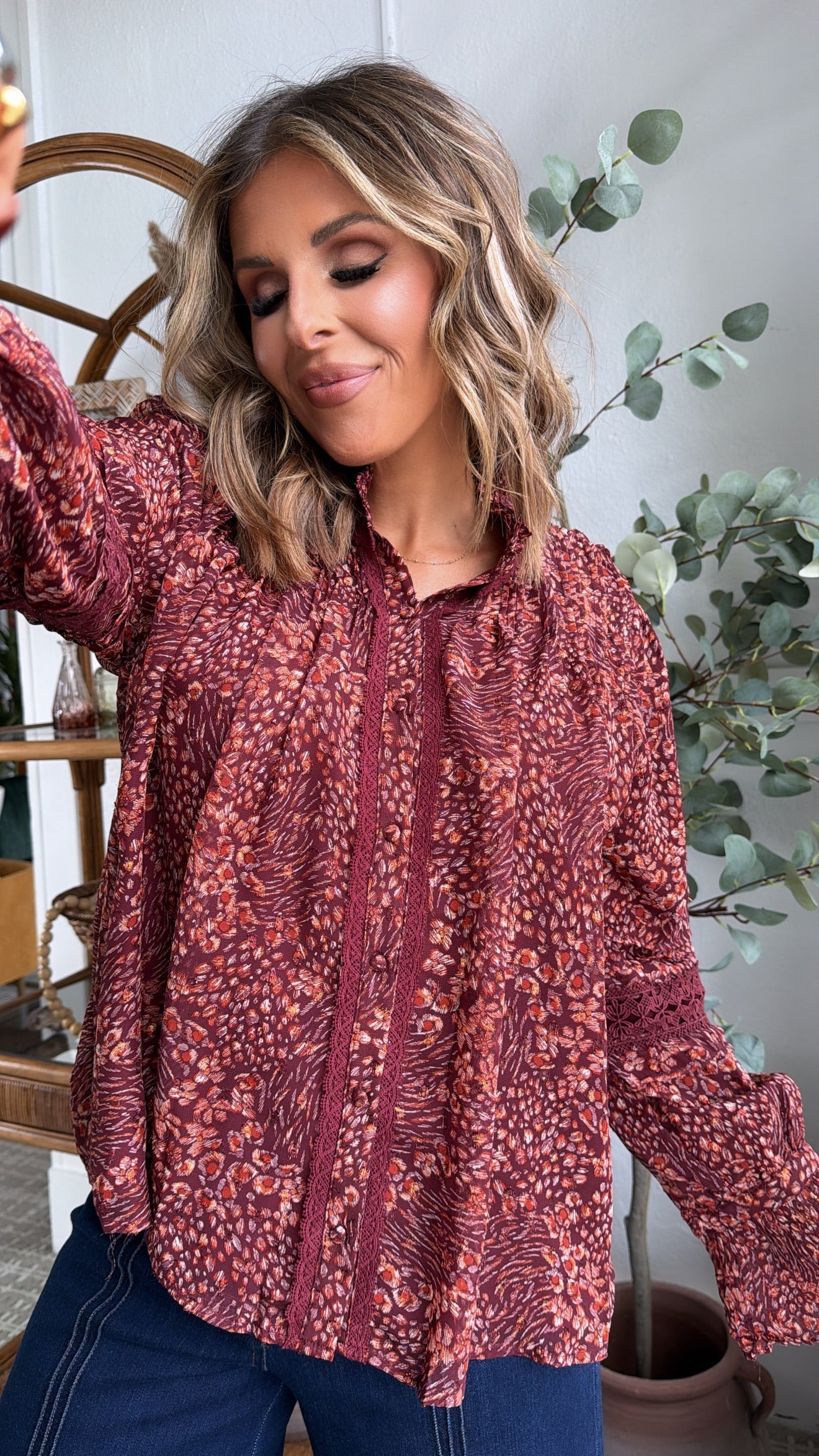 Evelora Floral Printed Blouse, Deep Burgundy