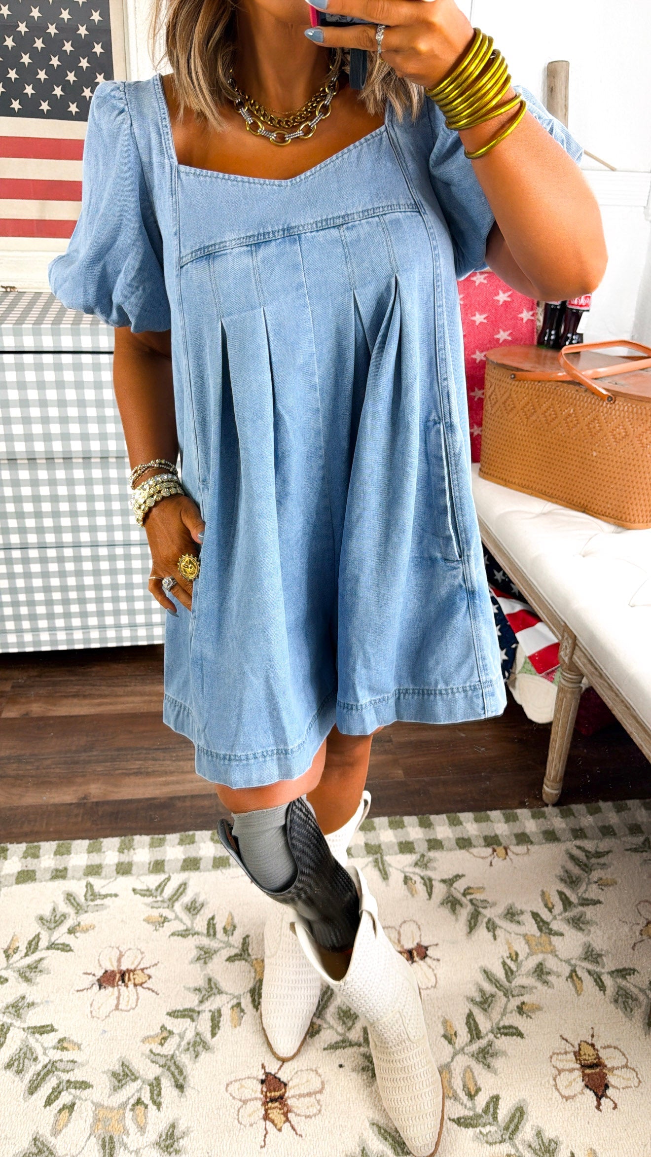 Charleston Charm Denim Romper, Medium Denim