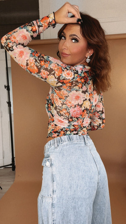 Floral Mesh Long Sleeve Top, Black