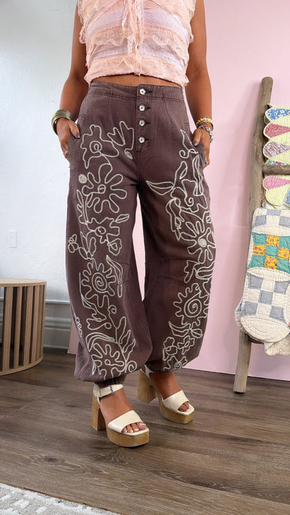 For The Love Of Floral Embroidered Denim Jogger, Mocha