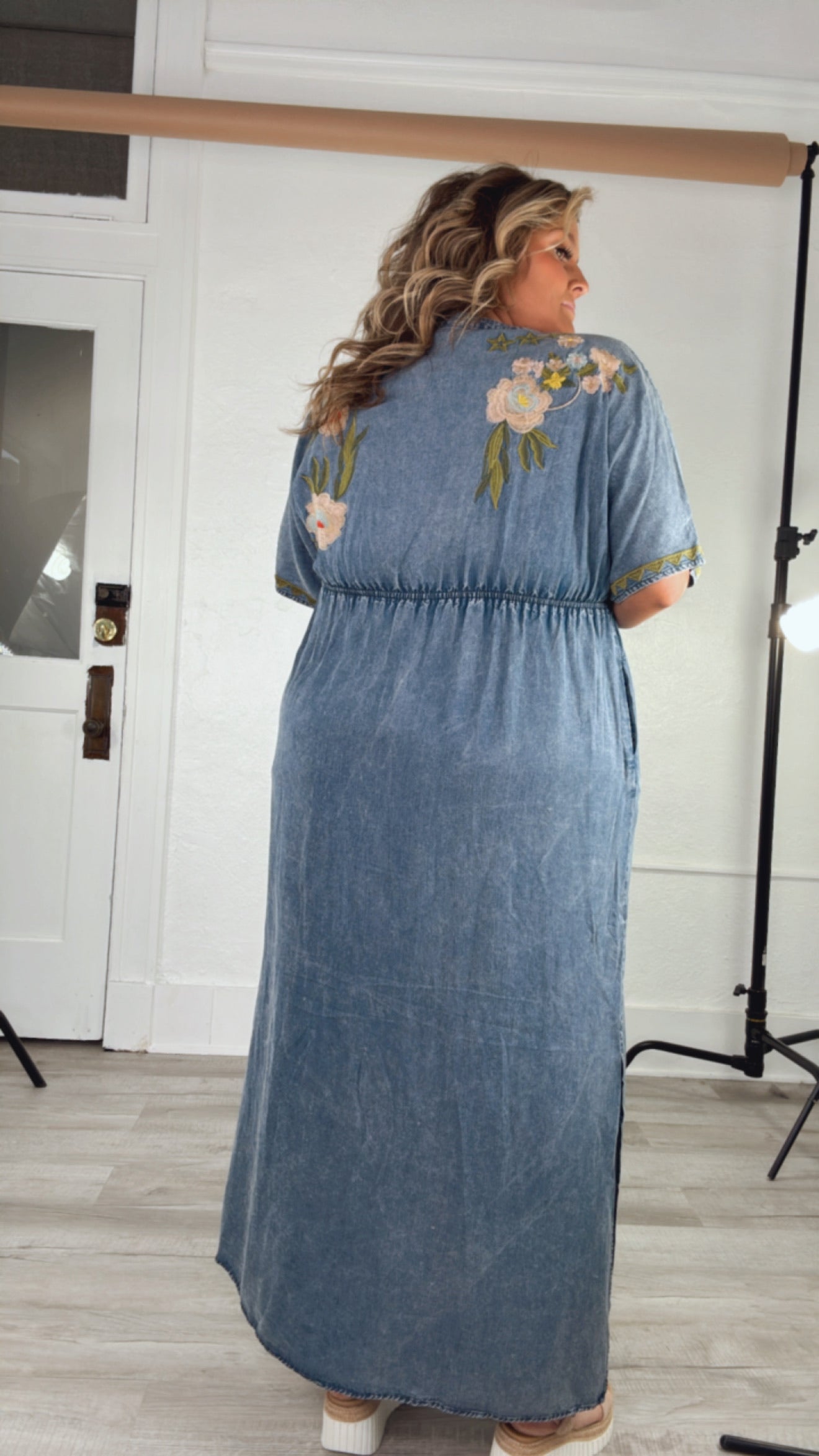 Chambray Stitch & Bloom Embroidered Maxi Dress, Denim