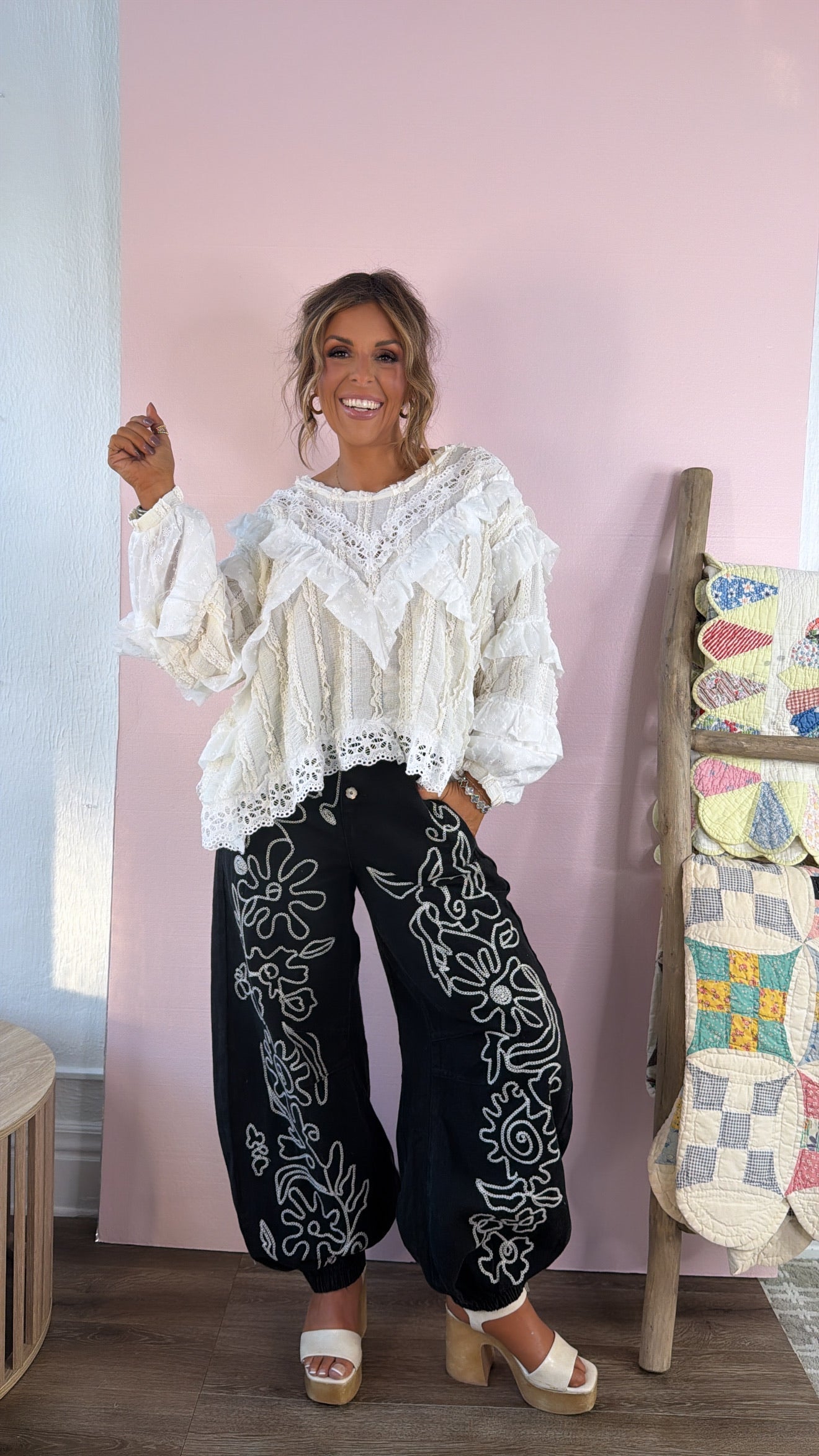 For The Love Of Floral Embroidered Denim Jogger, Black