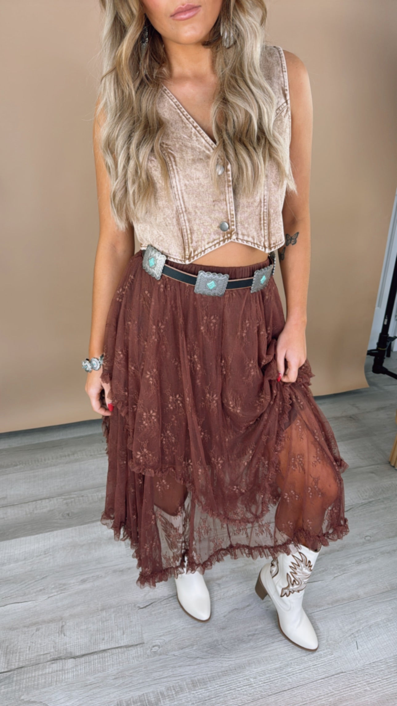 Delicate Dreams Embellished Lace Skirt, Chestnut