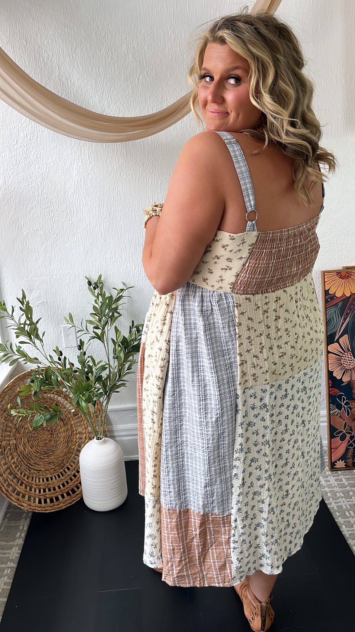 Patchwork Blooms Midi Dress, Ivory
