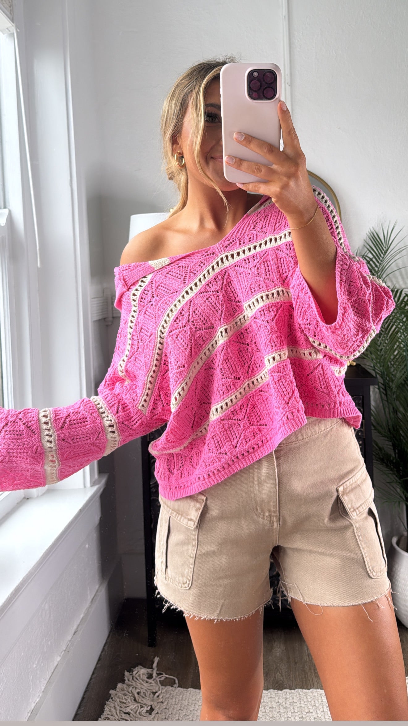 Emery Crochet Striped Sweater Hoodie, Pink