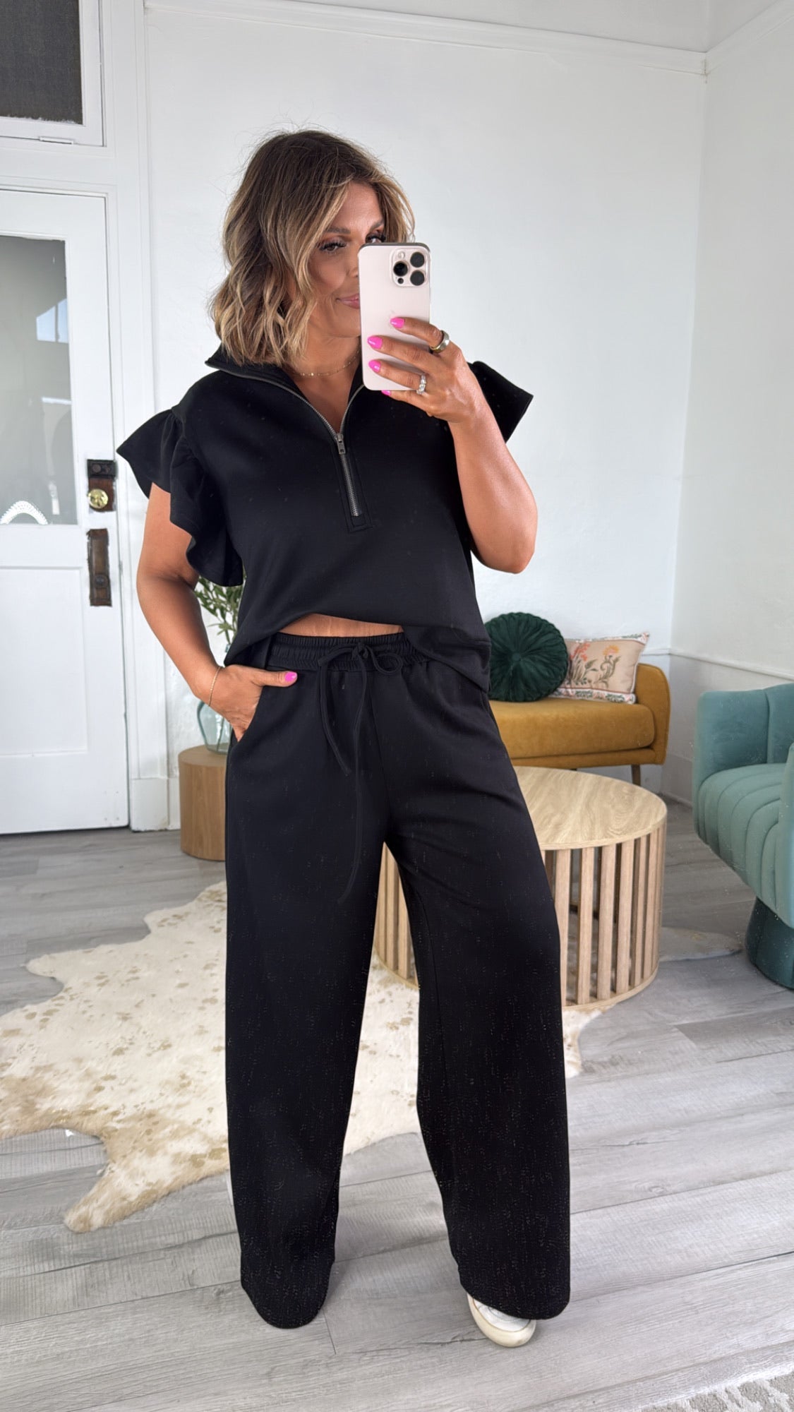 Jet Set Half Zip Ruffle Sleeve Top and Pant Set, Black
