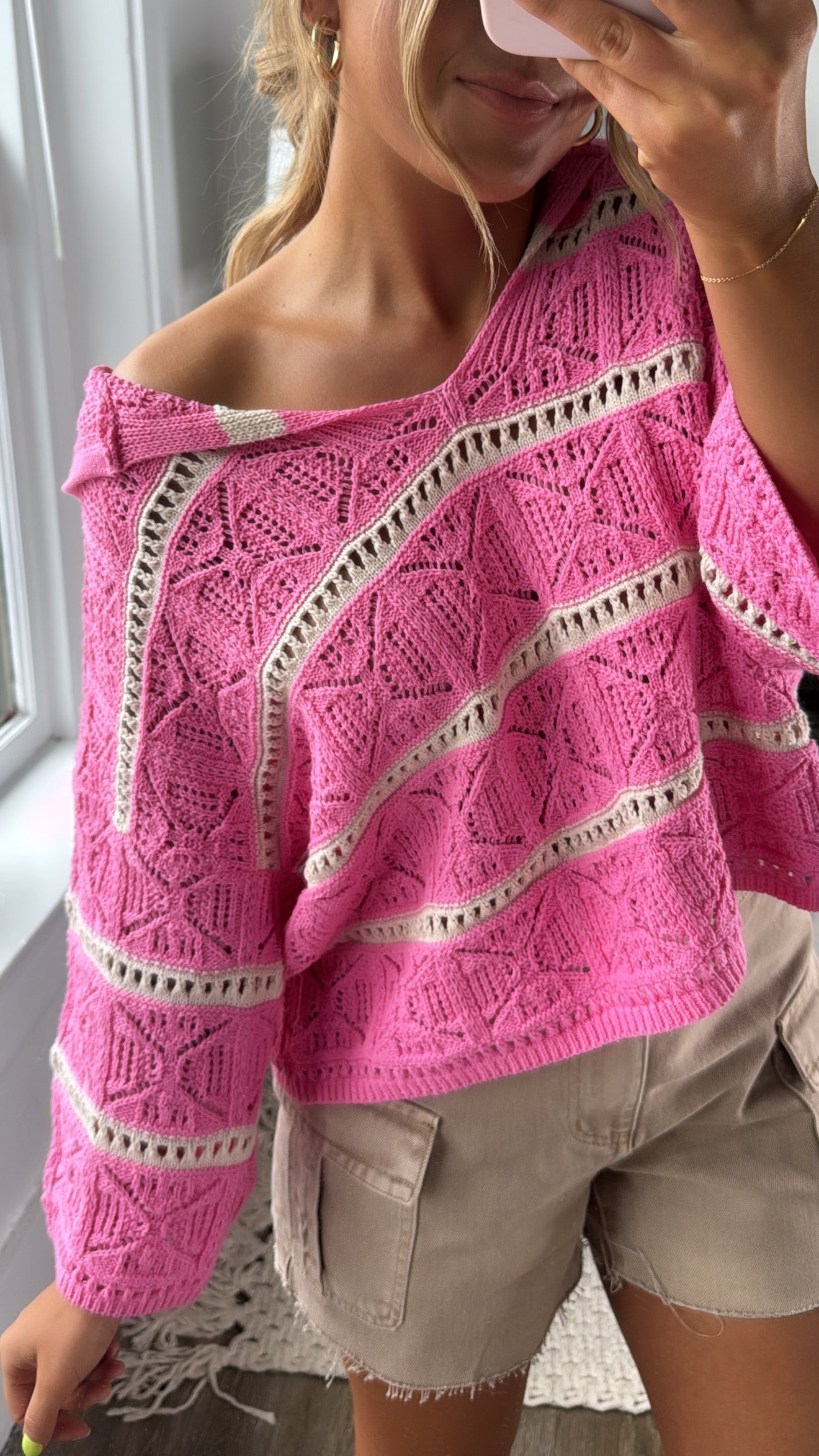 Emery Crochet Striped Sweater Hoodie, Pink