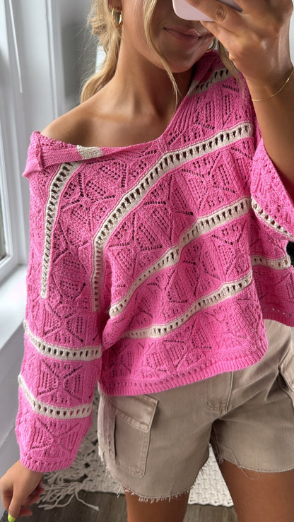 Emery Crochet Striped Sweater Hoodie, Pink