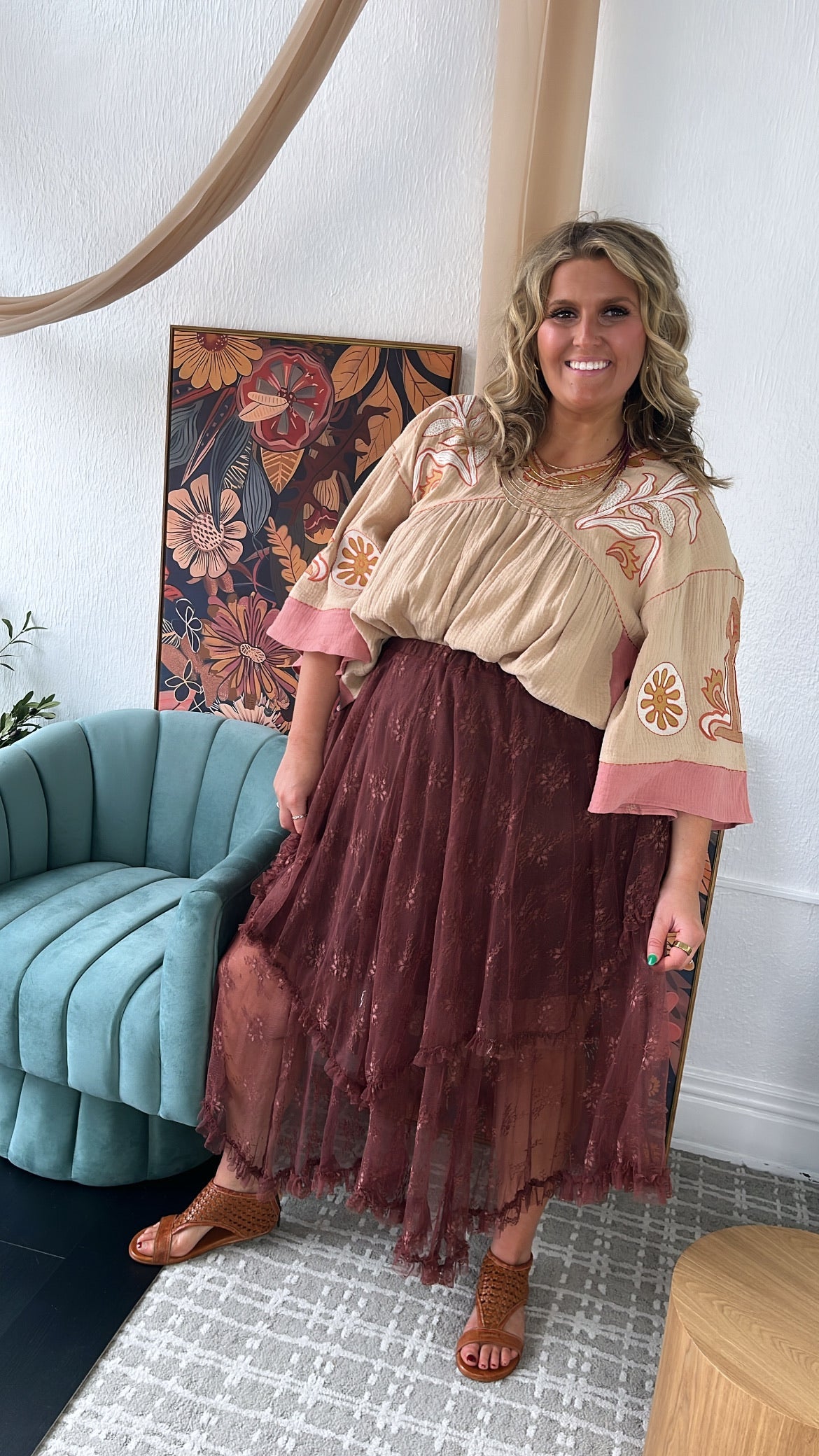 Delicate Dreams Embellished Lace Skirt, Chestnut