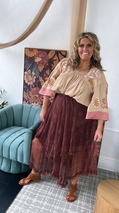 Delicate Dreams Embellished Lace Skirt, Chestnut