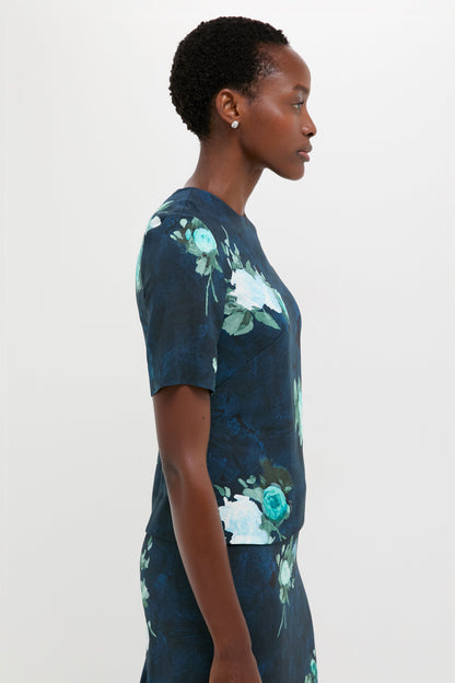 Abstract Rose Navy Short Sleeve Top
