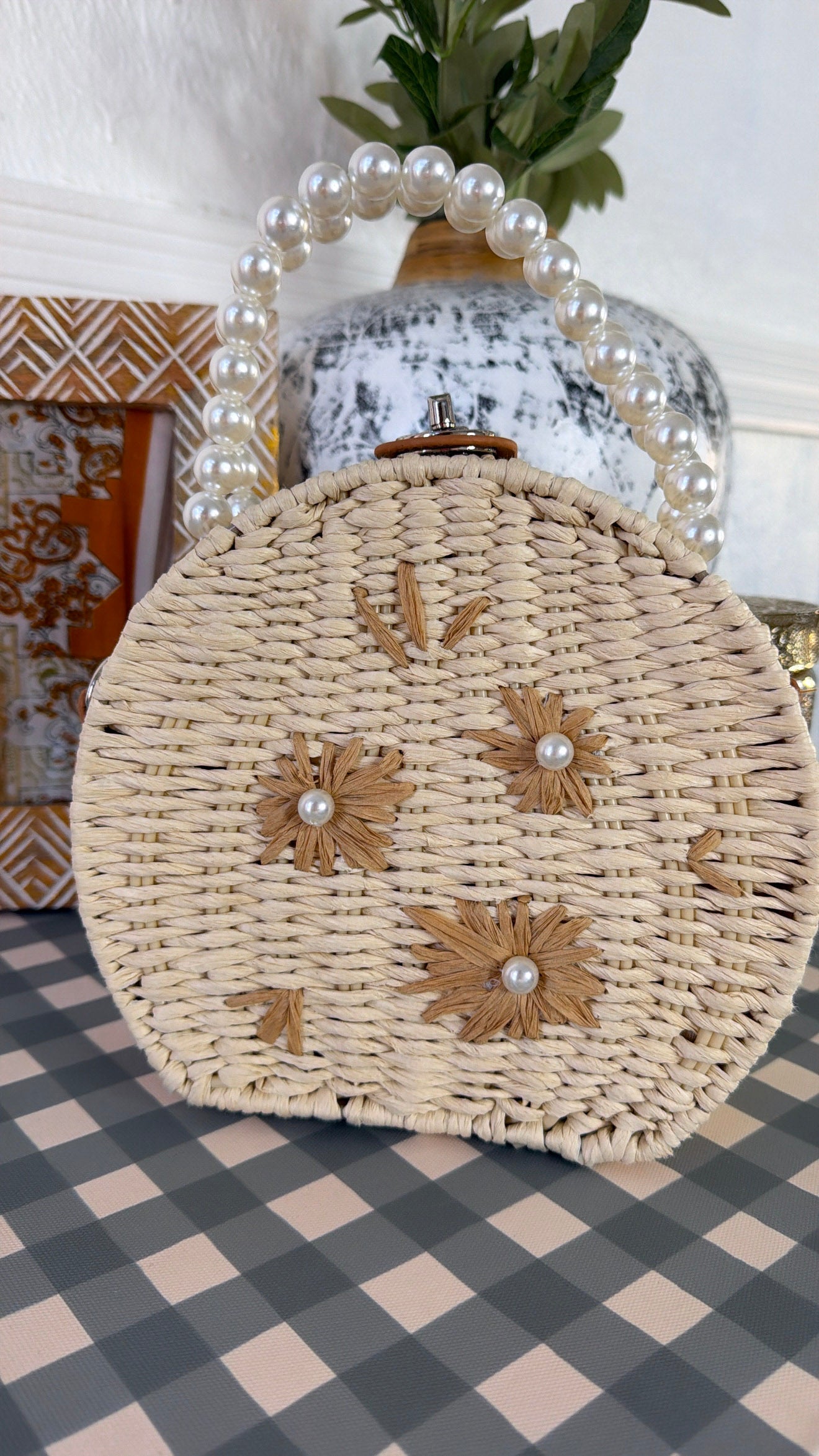 Pearl Flower Handbag, Beige