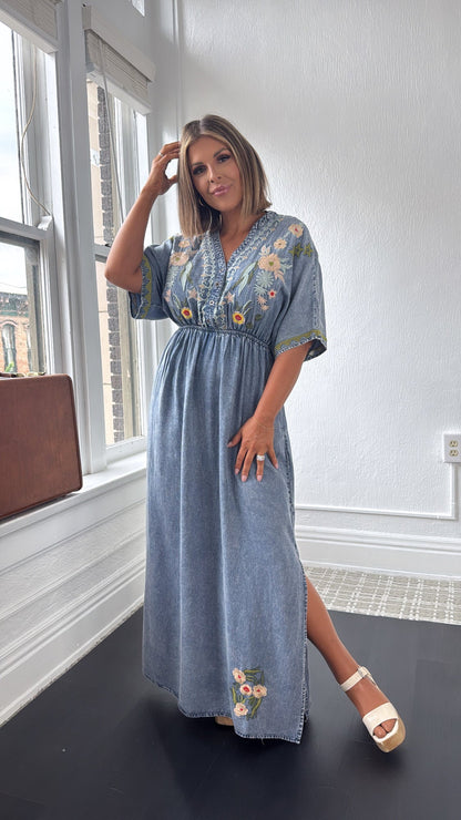 Chambray Stitch & Bloom Embroidered Maxi Dress, Denim