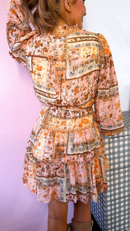 Daydream Patchwork Long Sleeve Mini Dress, Pink