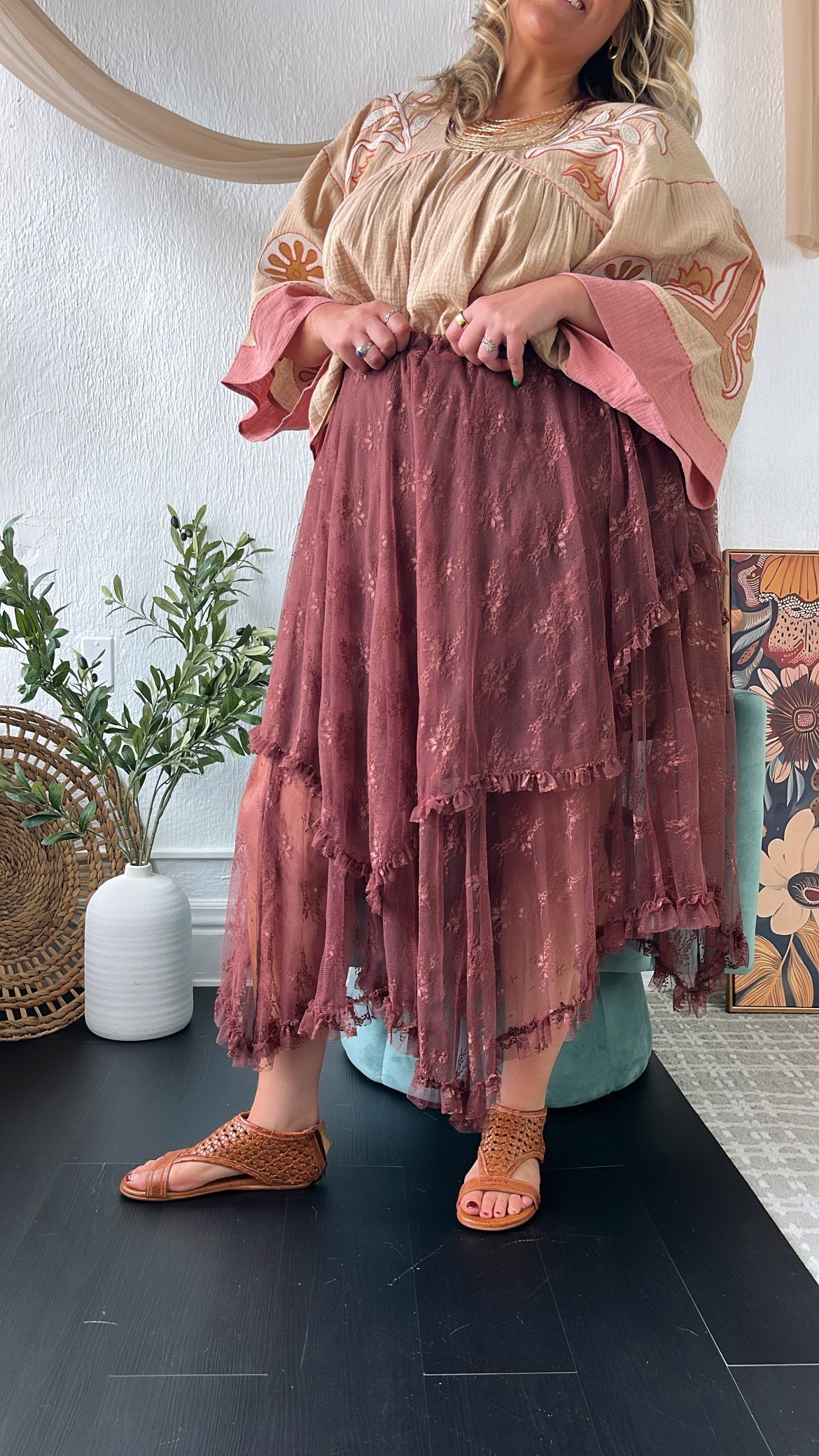 Delicate Dreams Embellished Lace Skirt, Chestnut