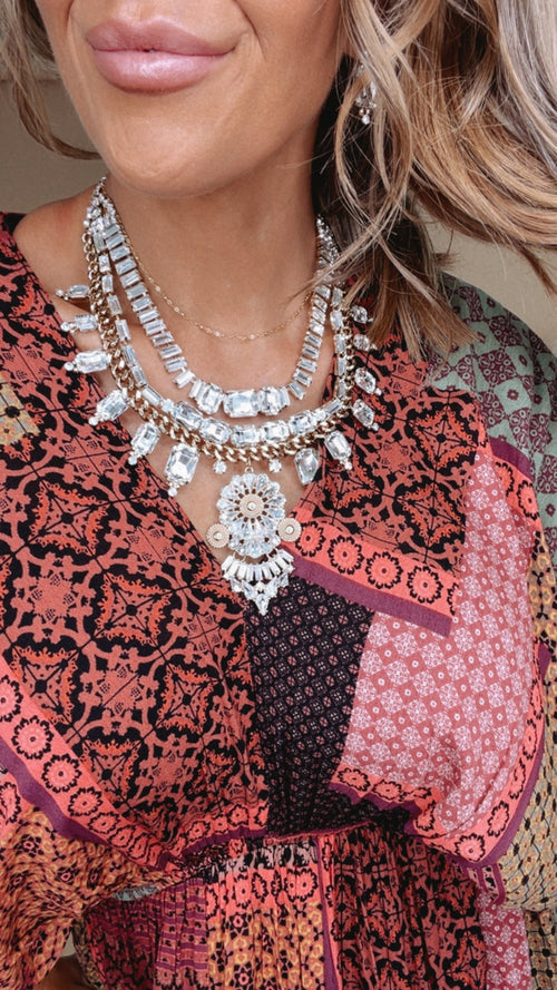 Floral Rhinestone Statement Necklace, Gold