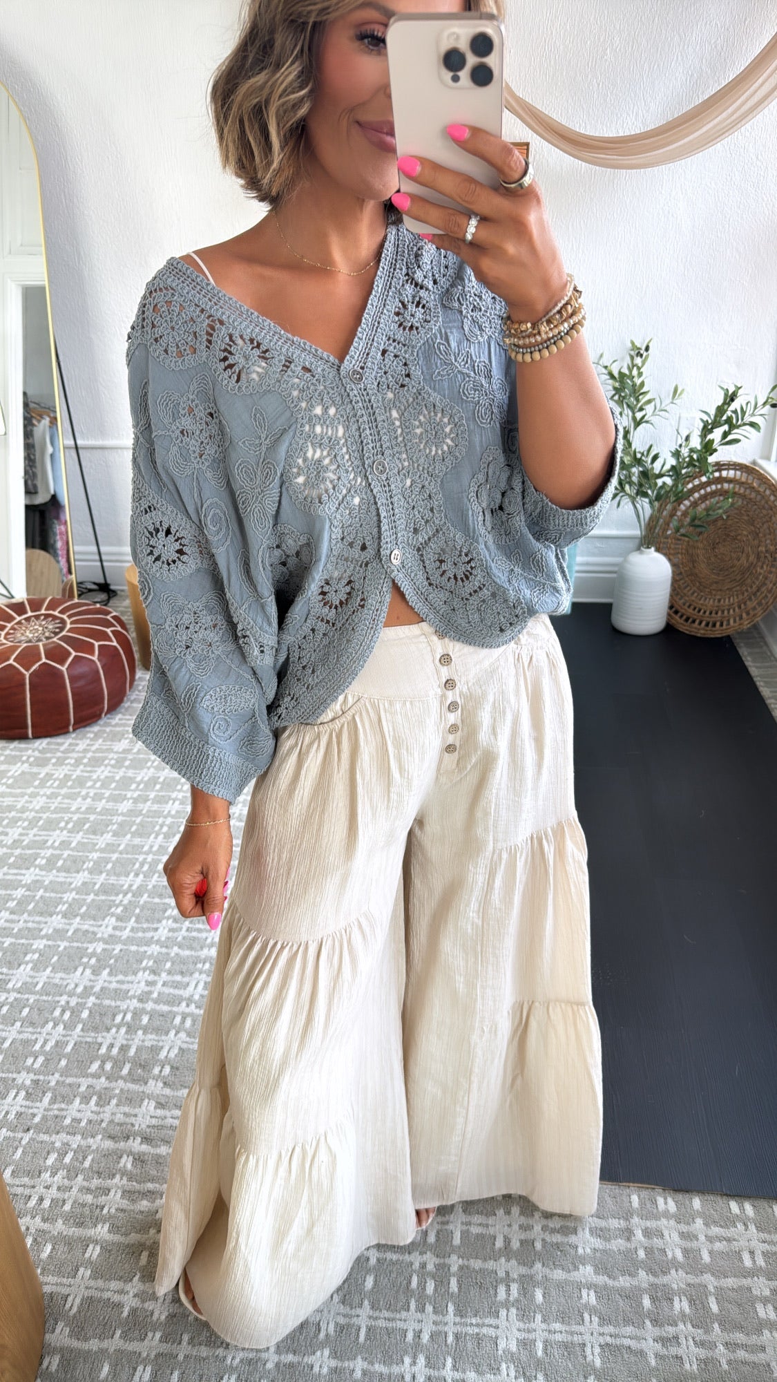 Chloe Woven Embroidered Top, Grey