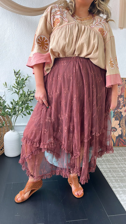 Delicate Dreams Embellished Lace Skirt, Chestnut