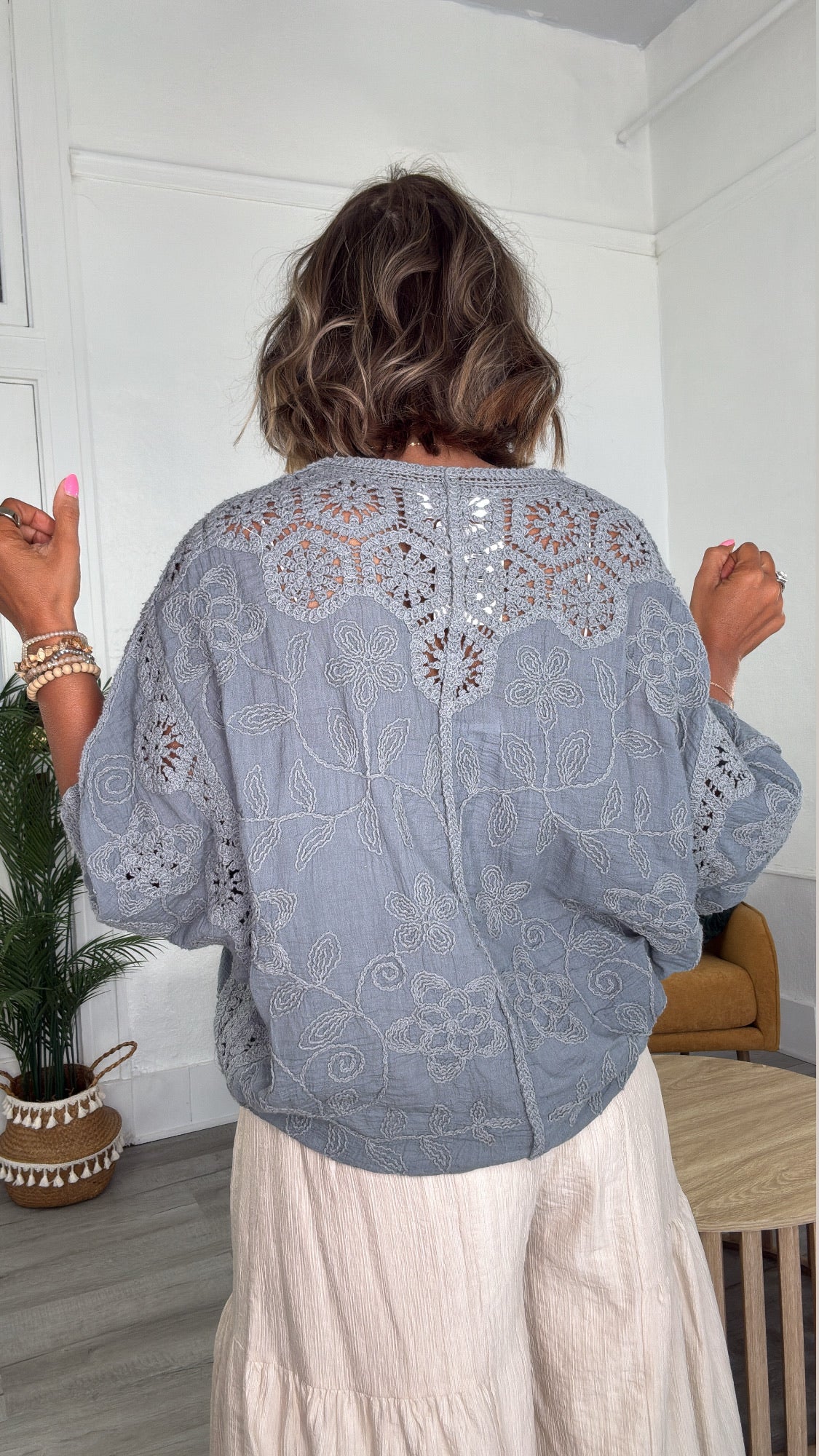 Chloe Woven Embroidered Top, Grey