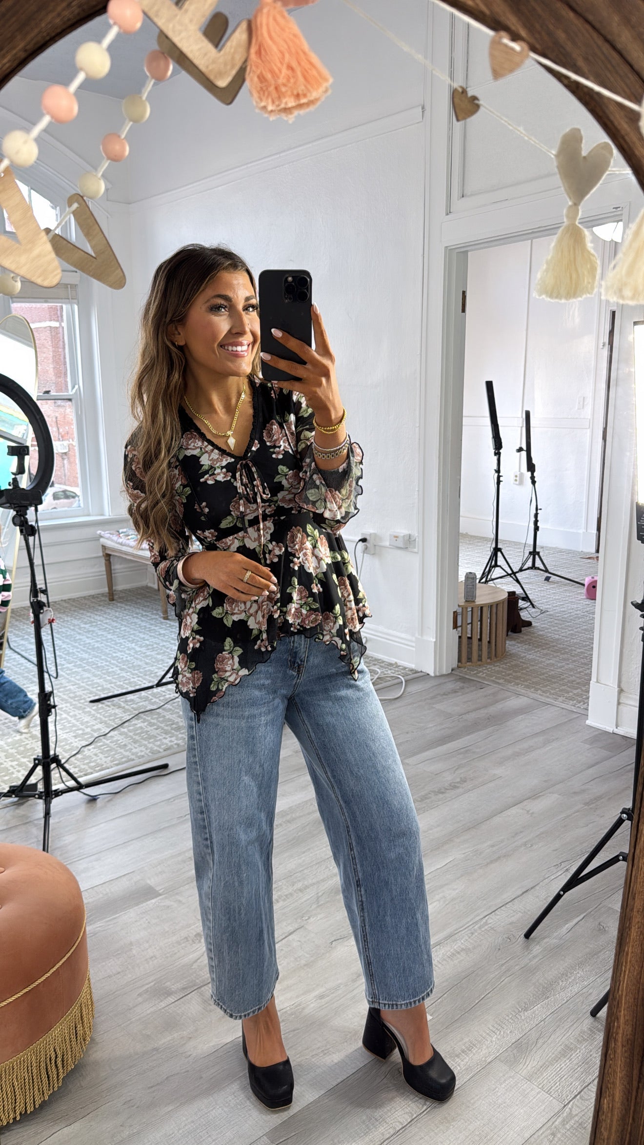 Ophelia Floral Mesh Top, Black