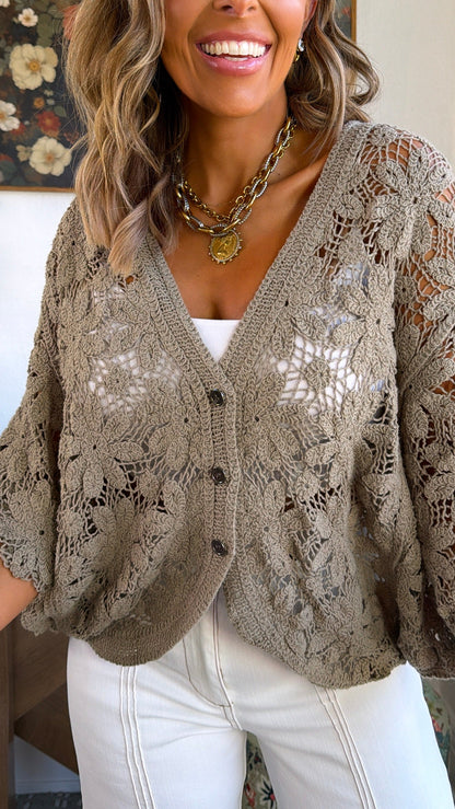 Black Bird Crochet Top, Taupe