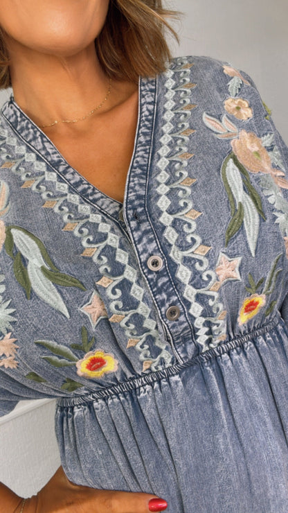 Chambray Stitch & Bloom Embroidered Maxi Dress, Denim