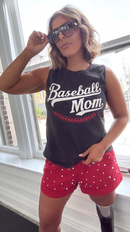 Baseball Mom Graphic Tank, Black/Red